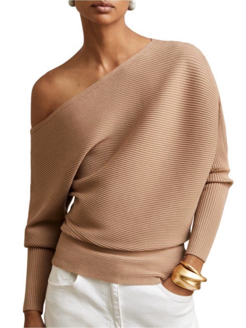 Reiss Off-the-Shoulder Ribbed Sweater in Camel